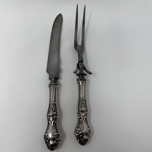 Antique Art Nouveau Sterling Silver Handled Carving Knife & Fork Set Floral